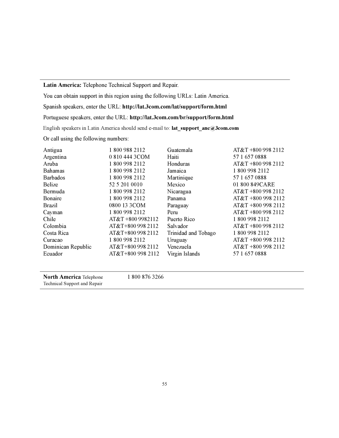 3Com WL-455 manual North America Telephone 