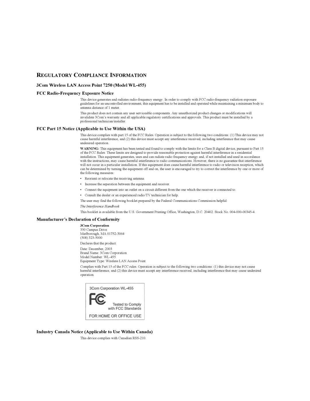 3Com WL-455 manual Regulatory Compliance Information 