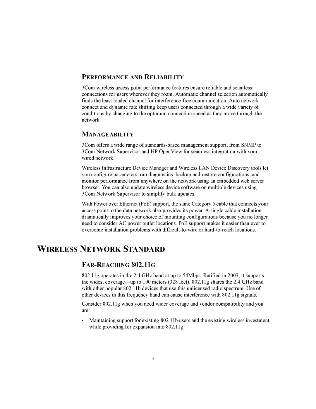 3Com WL-455 manual Wireless Network Standard, Performance and Reliability, Manageability, FAR-REACHING 802.11G 