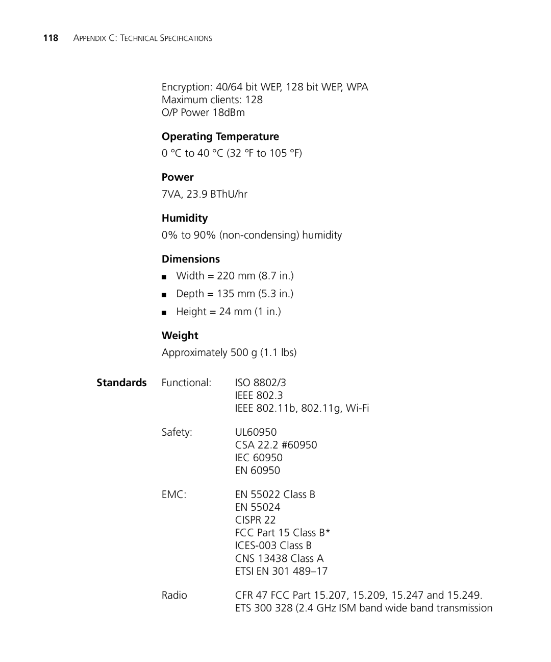 3Com WL-537S manual Operating Temperature, Power, Humidity, Dimensions, Weight 