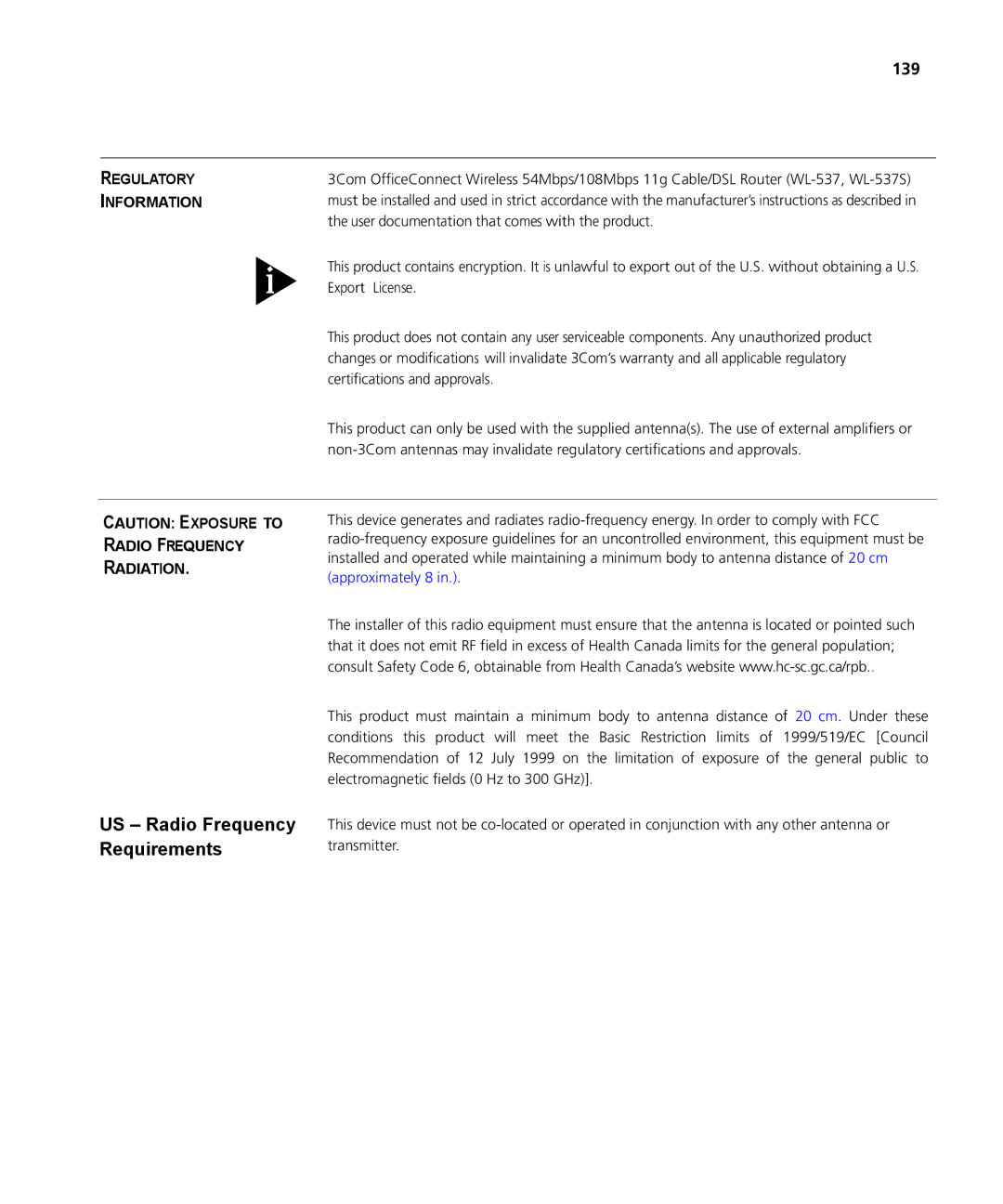 3Com WL-537S manual US Radio Frequency Requirements 