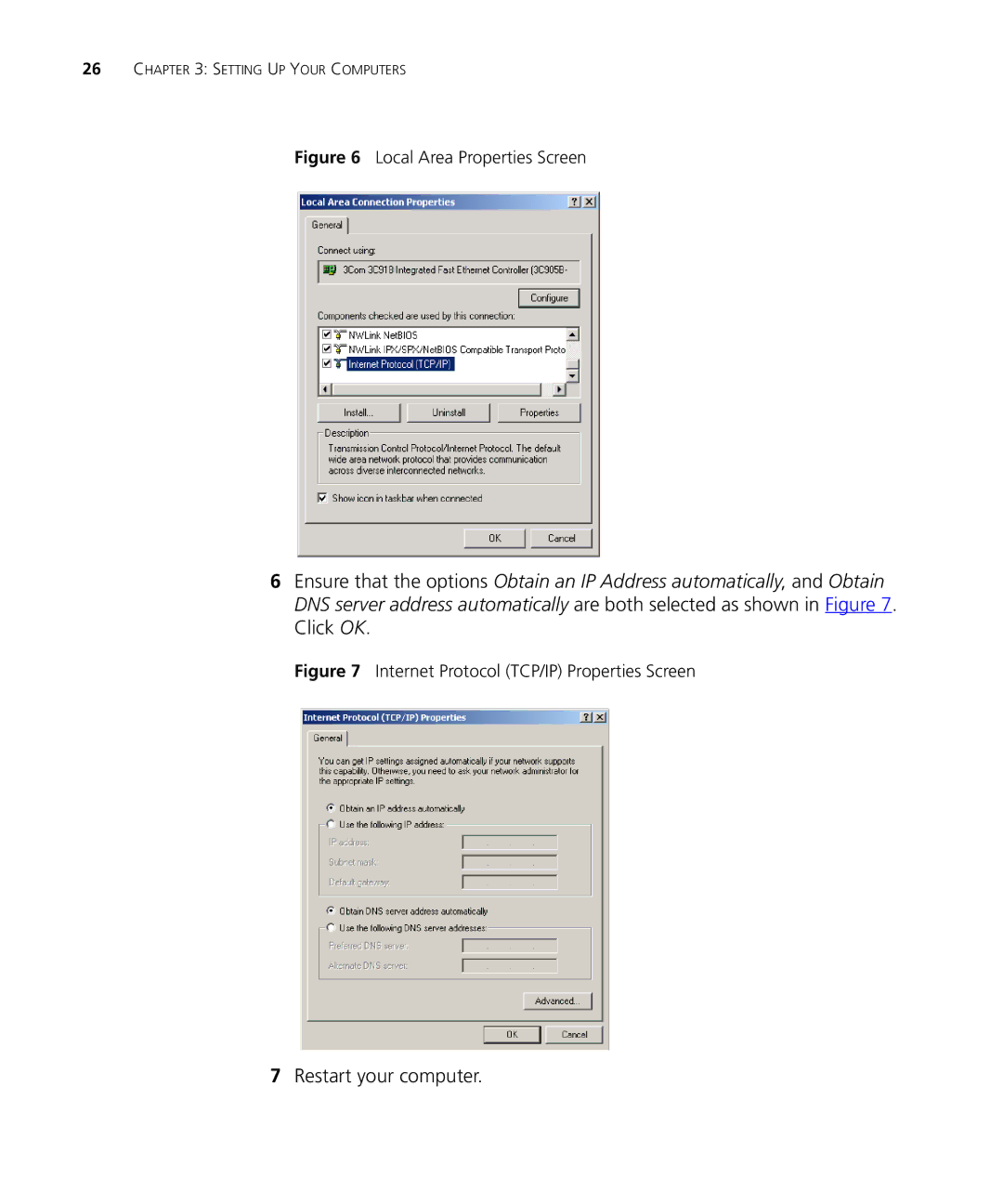 3Com WL-537S manual Restart your computer, Local Area Properties Screen 