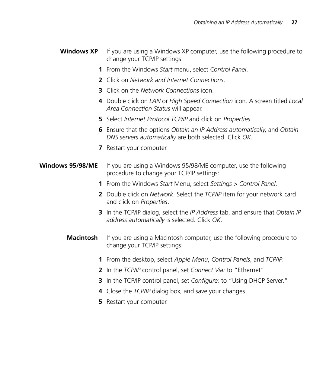 3Com WL-537S manual Obtaining an IP Address Automatically 