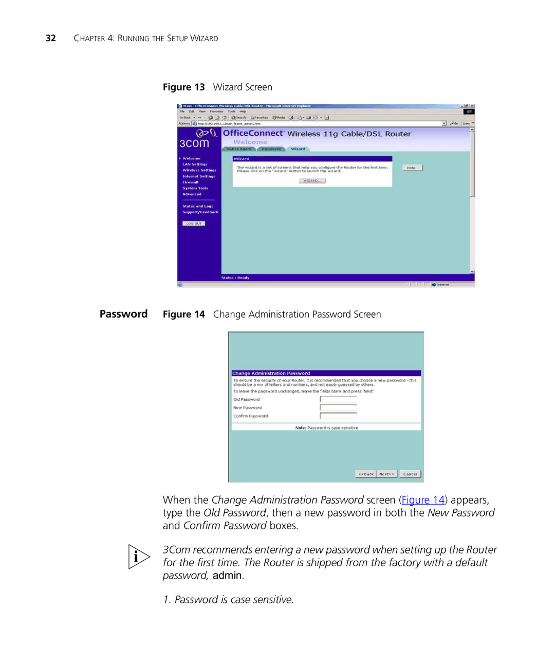 3Com WL-537S manual Wizard Screen Password Change Administration Password Screen 