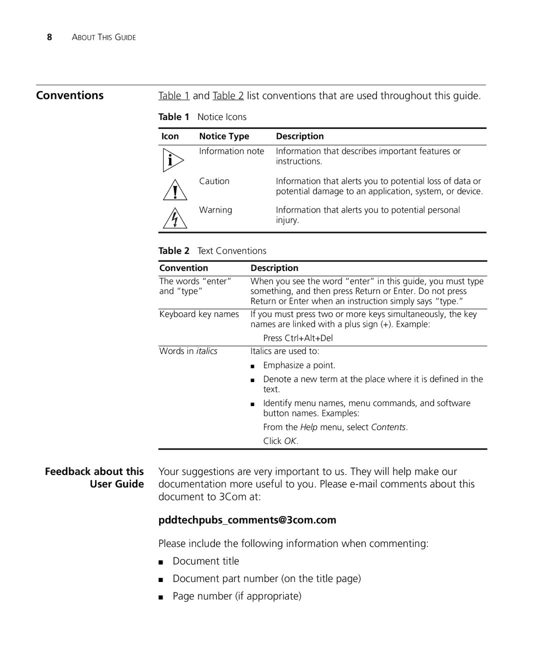 3Com WL-537S manual Conventions, Document to 3Com at, Pddtechpubscomments@3com.com 