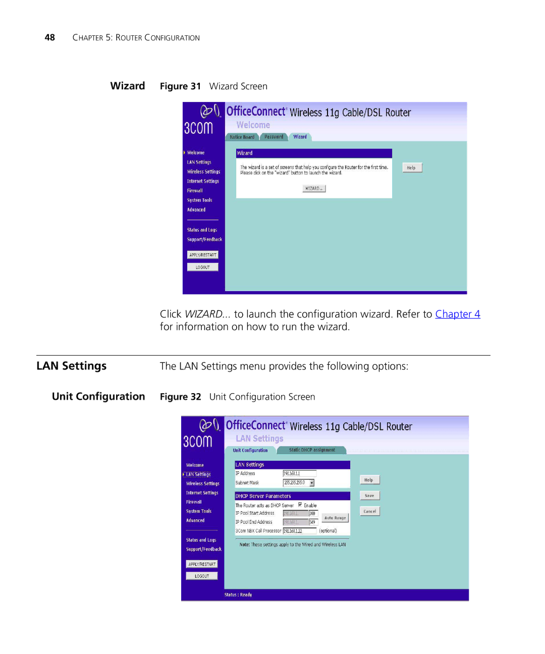 3Com WL-537S manual For information on how to run the wizard, LAN Settings menu provides the following options 