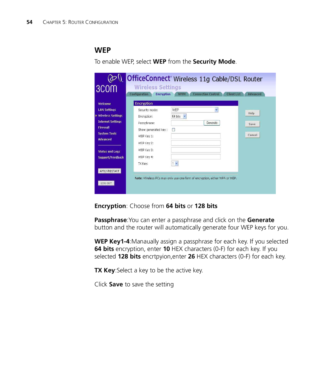 3Com WL-537S manual To enable WEP, select WEP from the Security Mode, Encryption Choose from 64 bits or 128 bits 