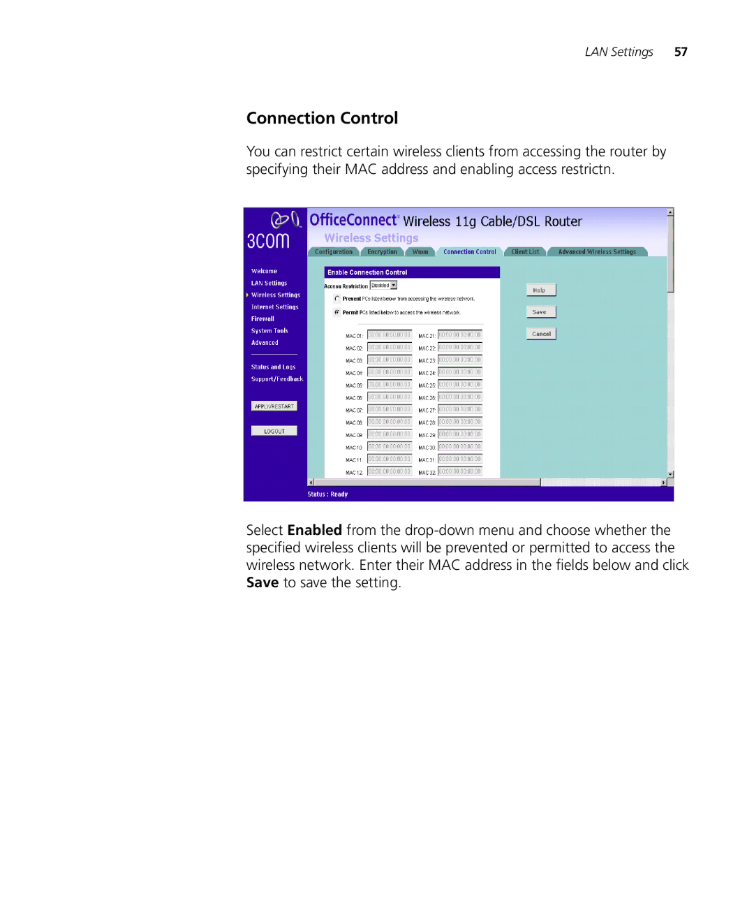 3Com WL-537S manual Connection Control 