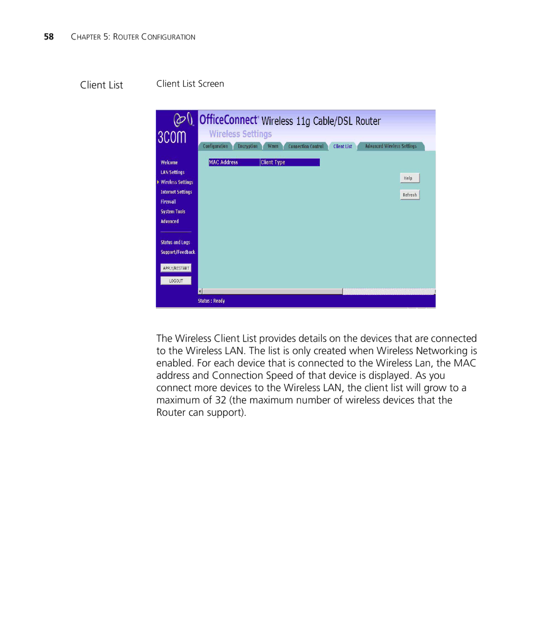 3Com WL-537S manual Client List Screen 