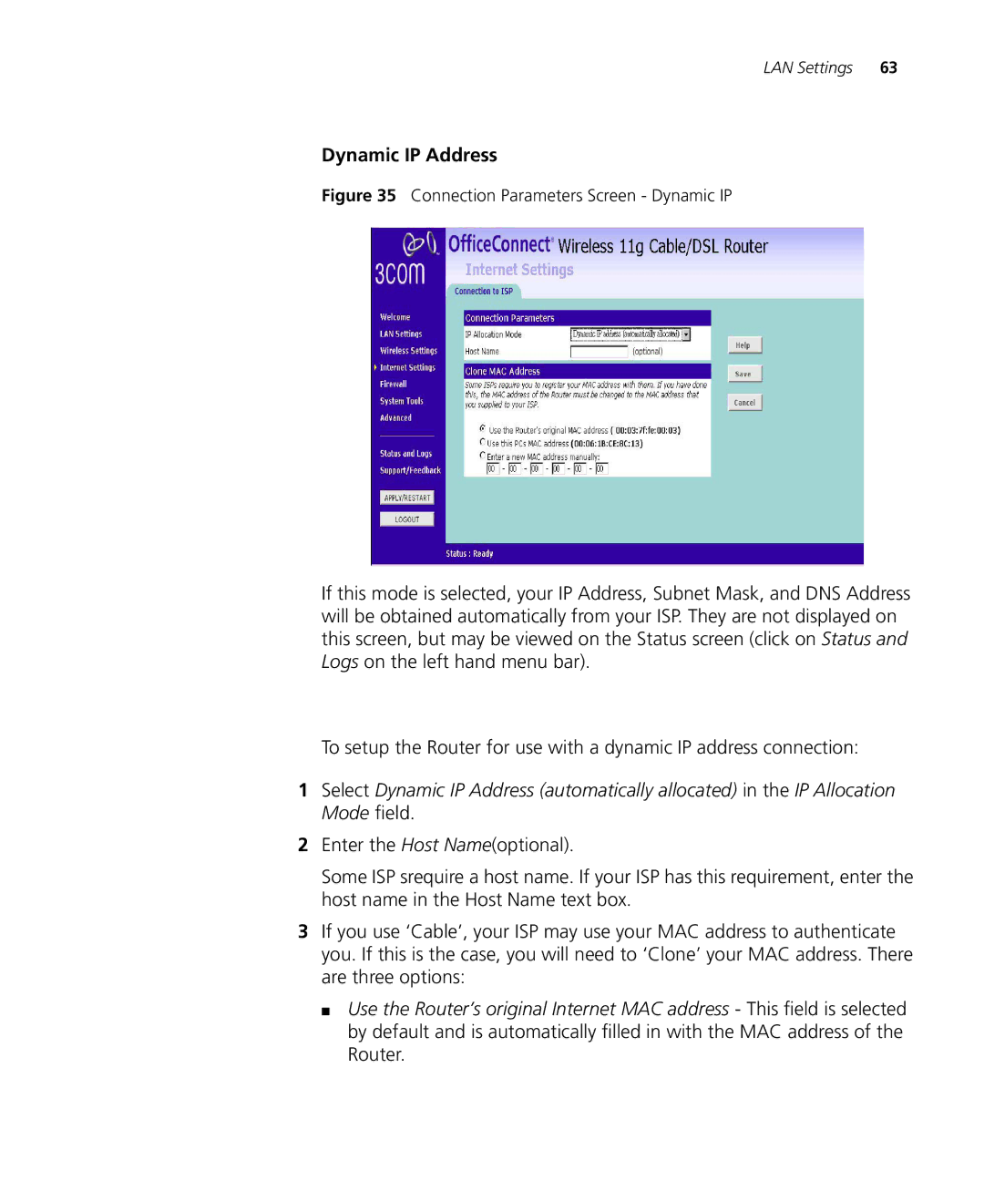 3Com WL-537S manual Dynamic IP Address, Connection Parameters Screen Dynamic IP 