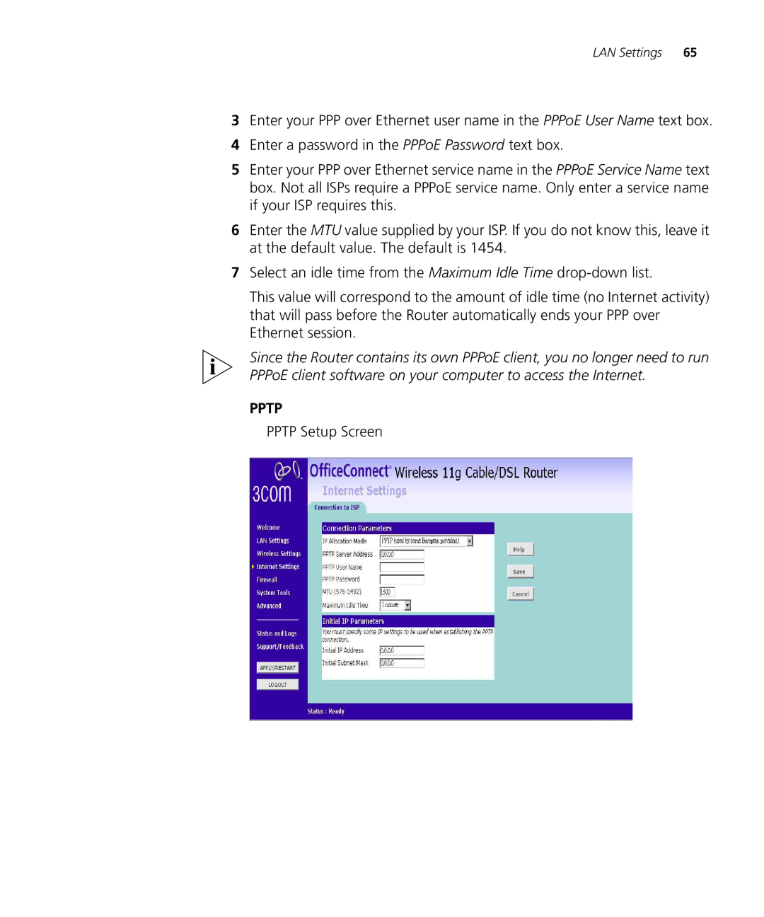 3Com WL-537S manual Pptp Setup Screen 