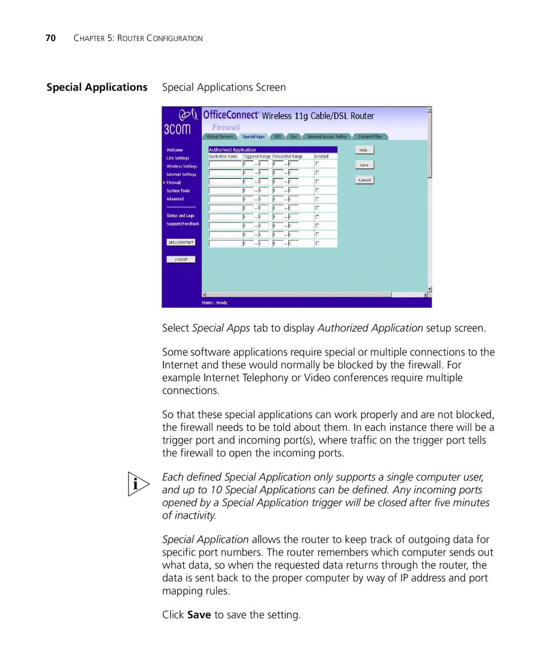 3Com WL-537S manual Special Applications Special Applications Screen 