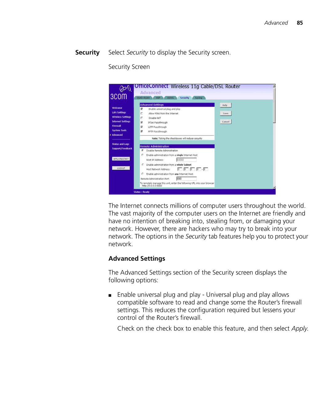 3Com WL-537S manual Advanced Settings 