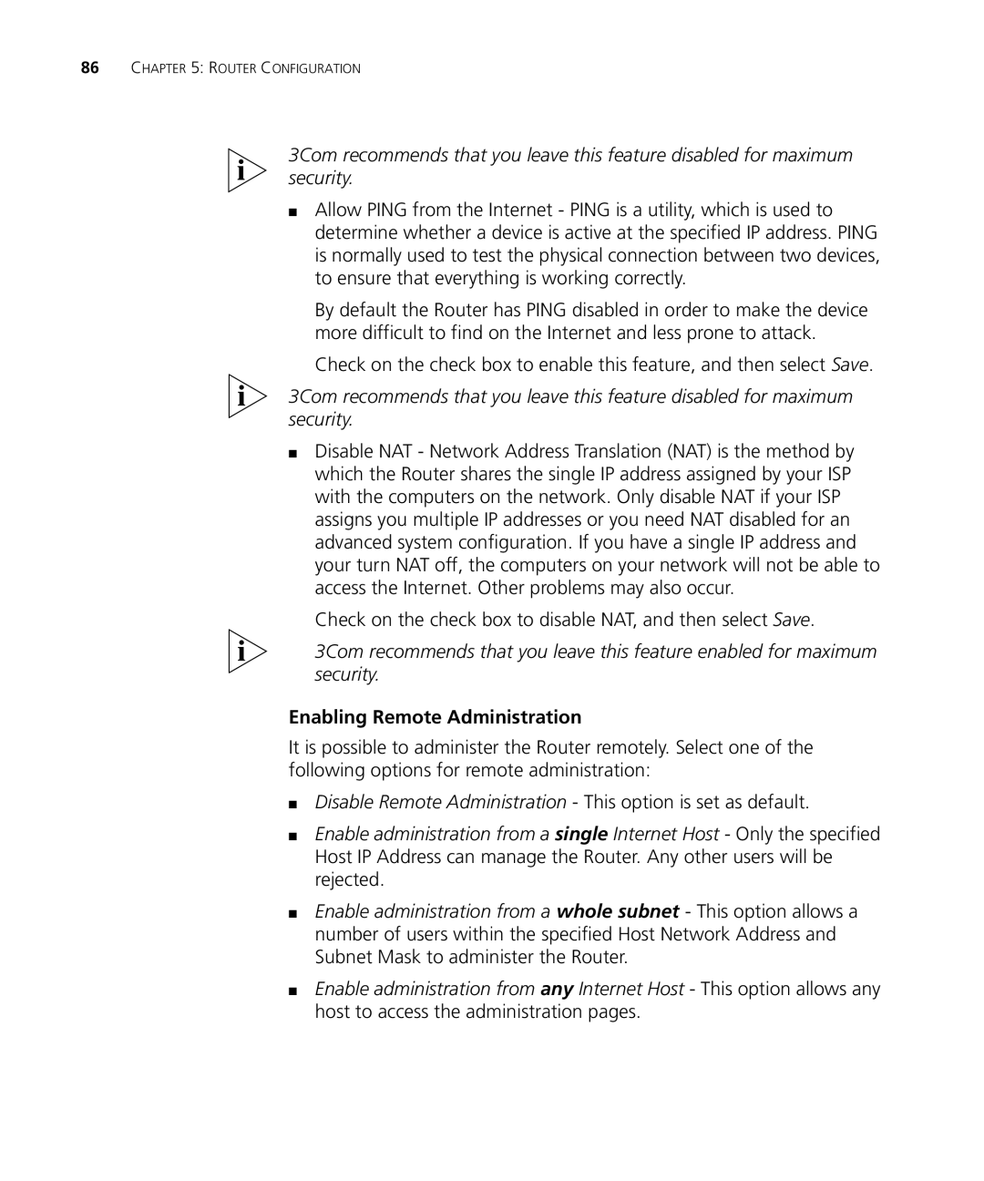 3Com WL-537S manual Check on the check box to disable NAT, and then select Save, Enabling Remote Administration 