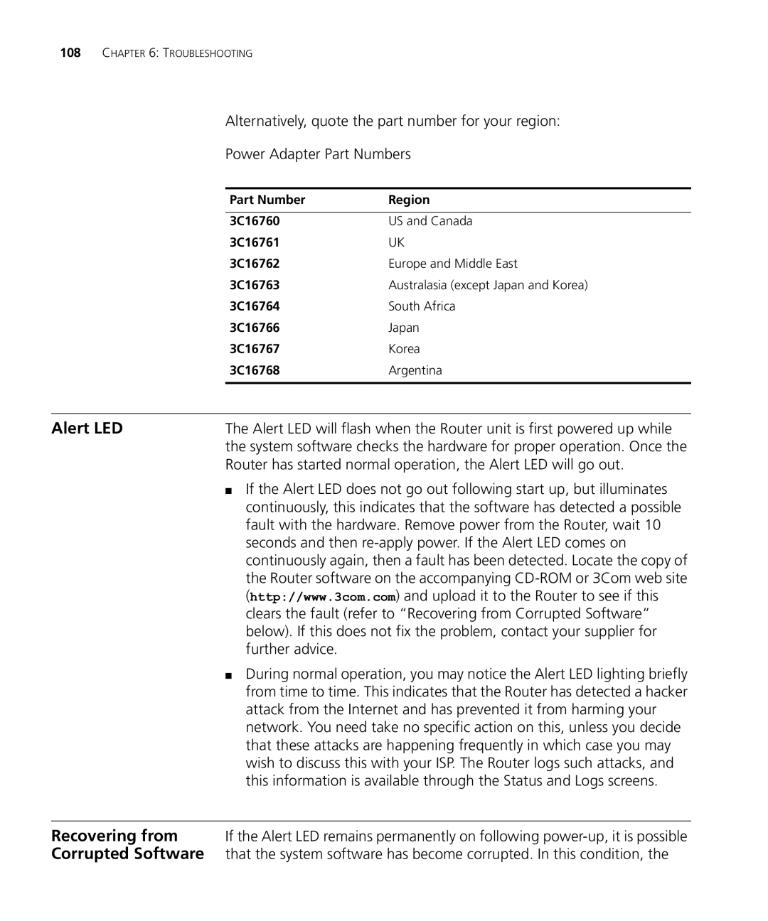 3Com WL-537S manual Alert LED, Recovering from, Fault with the hardware. Remove power from the Router, wait, Further advice 