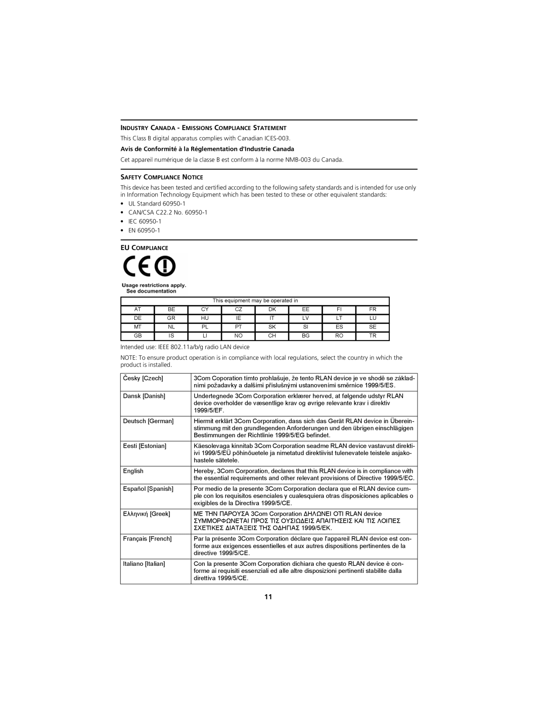 3Com WL-548A manual Industry Canada Emissions Compliance Statement, Safety Compliance Notice, EU Compliance 