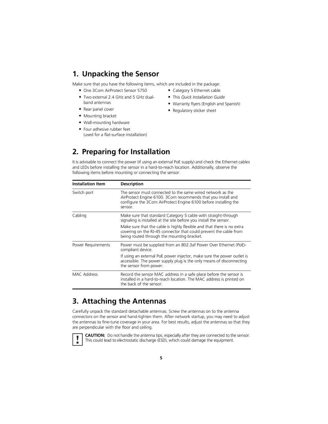 3Com WL-548A manual Unpacking the Sensor, Preparing for Installation, Attaching the Antennas, Installation Item Description 