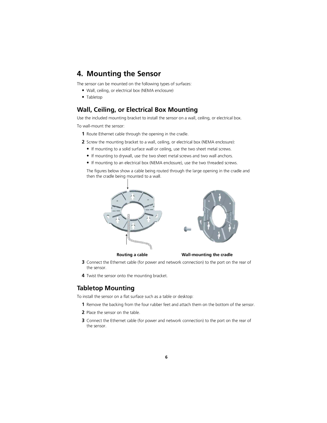 3Com WL-548A manual Mounting the Sensor, Wall, Ceiling, or Electrical Box Mounting, Tabletop Mounting, Routing a cable 