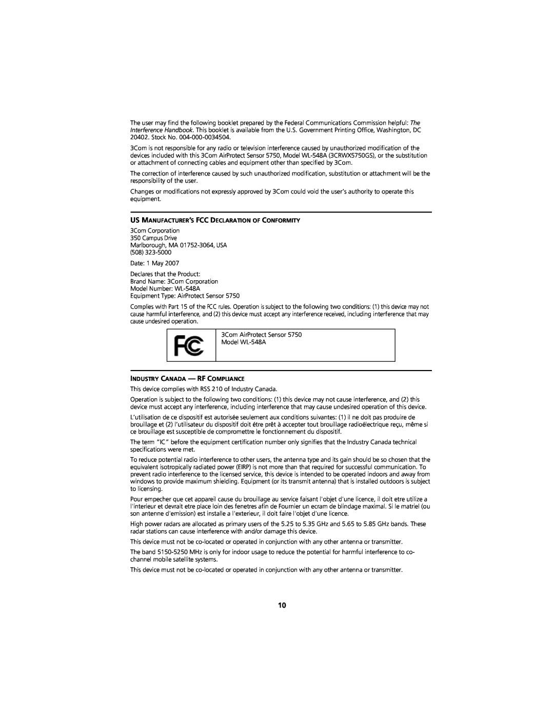 3Com WL-548A manual Us Manufacturer’S Fcc Declaration Of Conformity, Industry Canada - Rf Compliance 