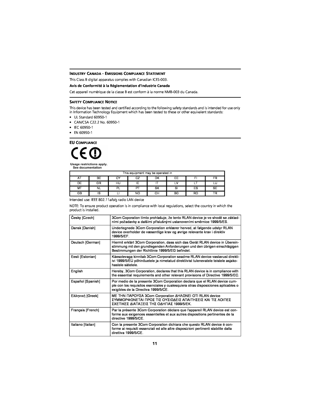 3Com WL-548A manual Avis de Conformité à la Réglementation dIndustrie Canada 