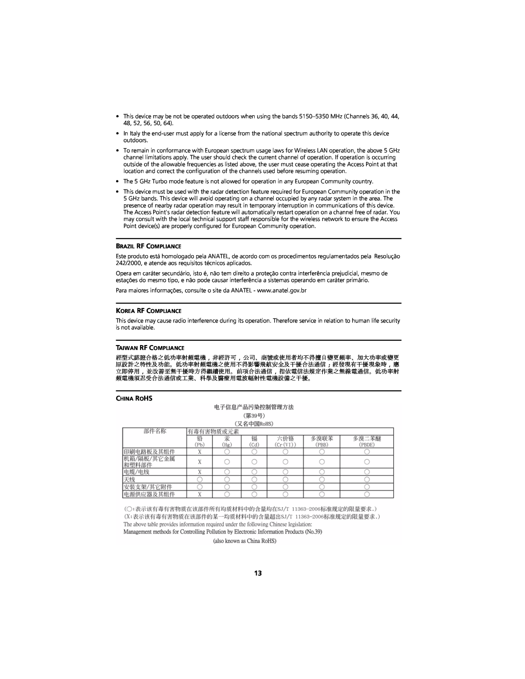 3Com WL-548A manual Brazil Rf Compliance, Korea Rf Compliance, Taiwan Rf Compliance, China Rohs 