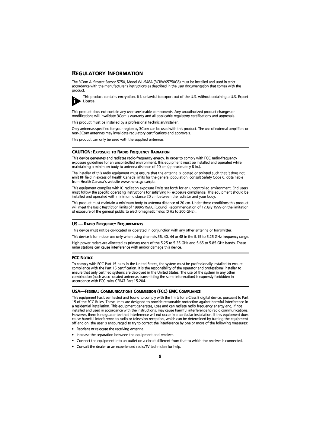 3Com WL-548A manual Regulatory Information, Fcc Notice 