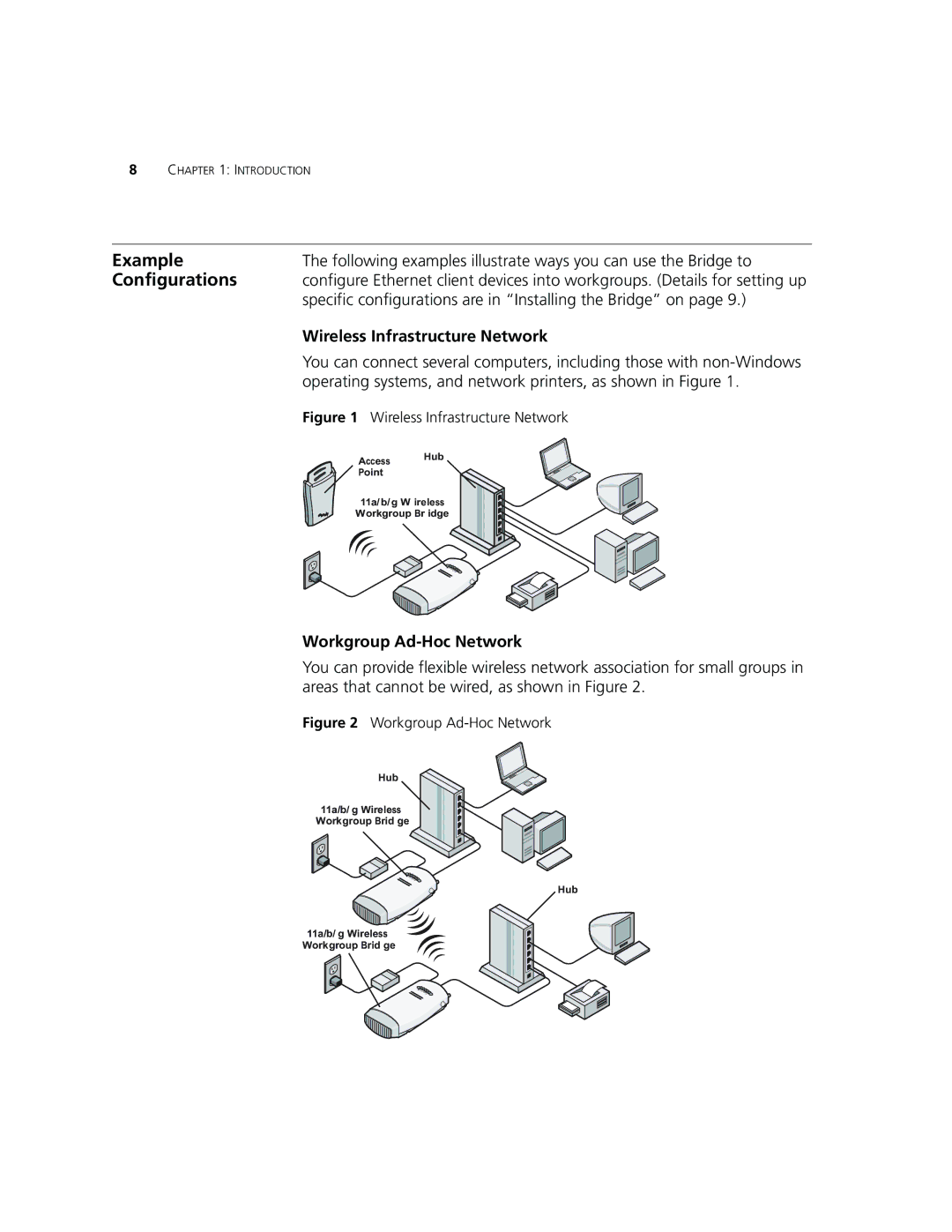 3Com WL-560 manual Example, Configurations, Wireless Infrastructure Network, Workgroup Ad-Hoc Network 