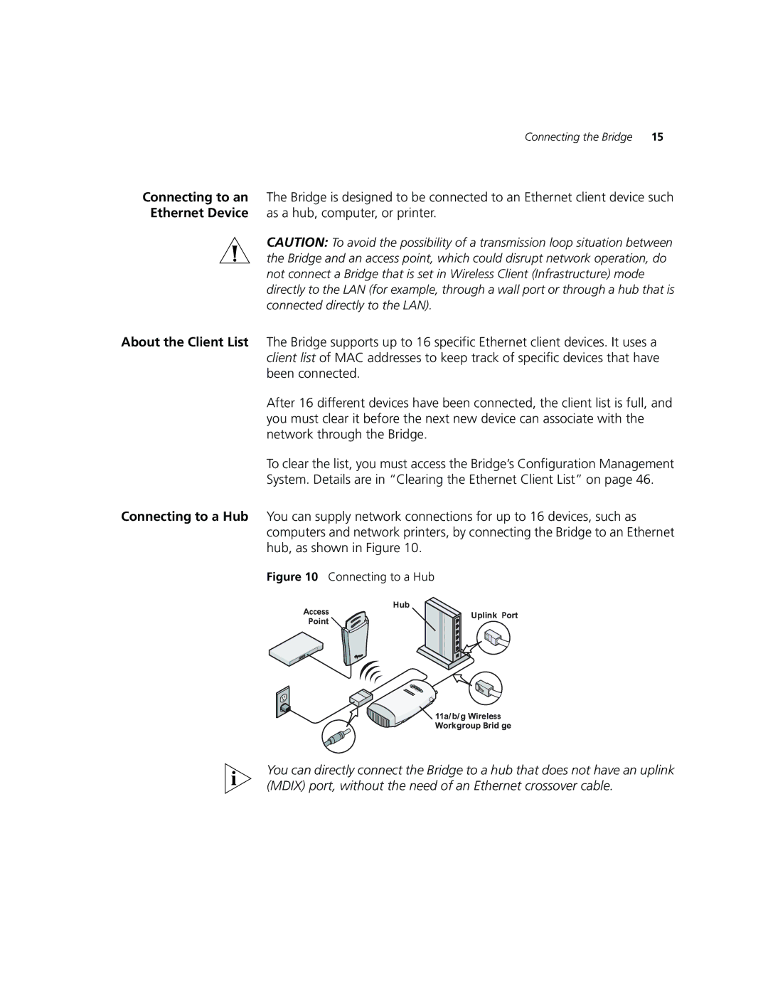 3Com WL-560 manual About the Client List Connecting to a Hub, Connecting the Bridge 