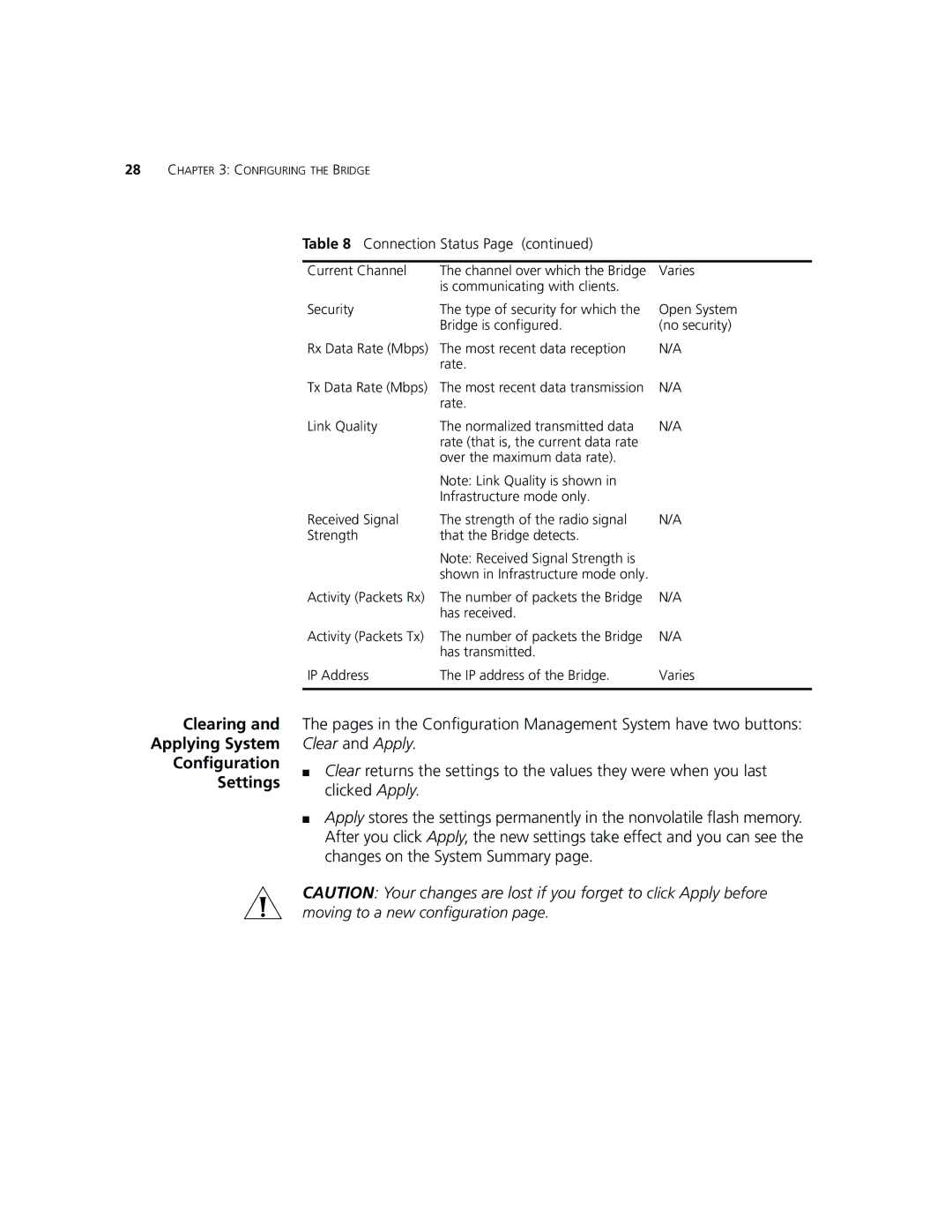 3Com WL-560 manual Clearing Applying System Configuration Settings, Moving to a new configuration 