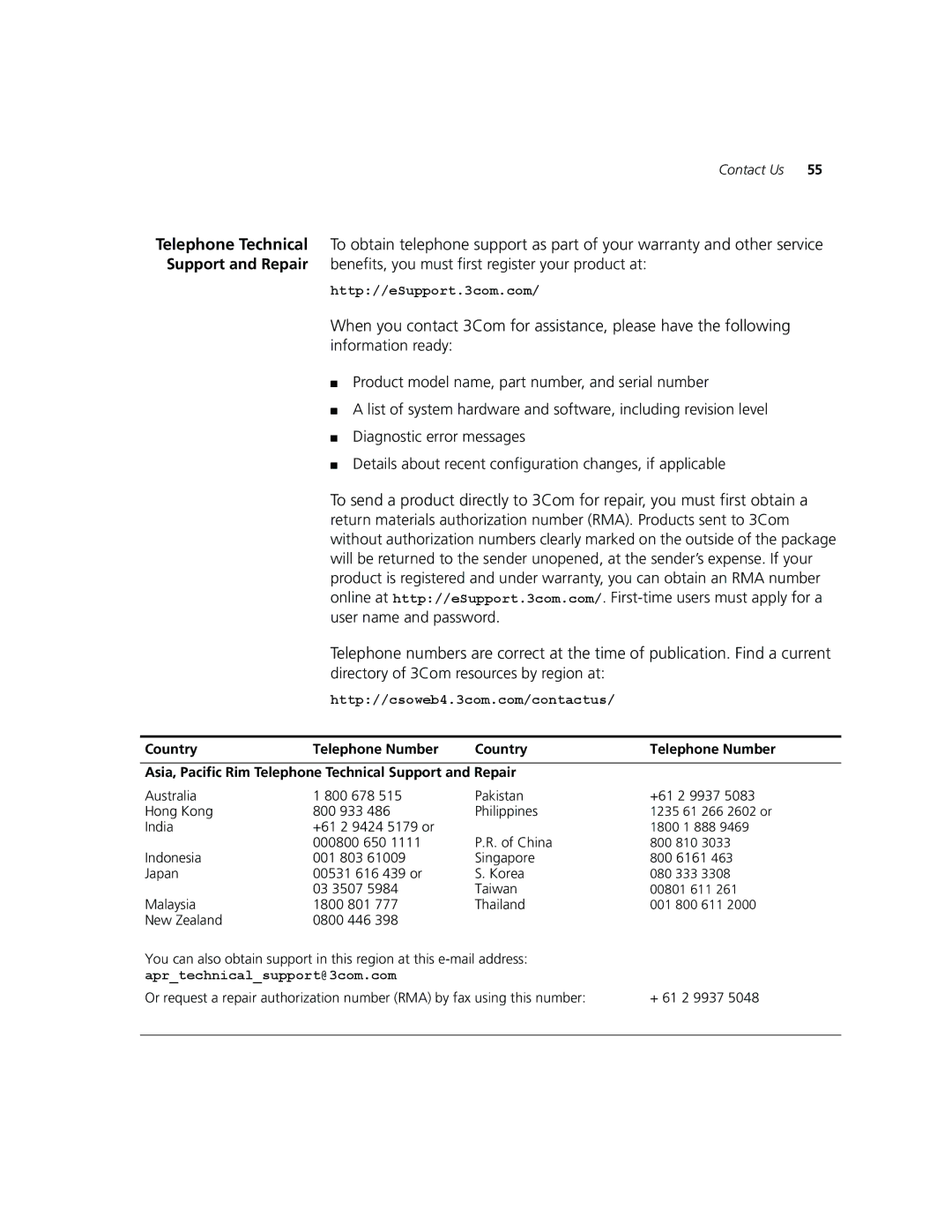 3Com WL-560 manual Directory of 3Com resources by region at, Contact Us 