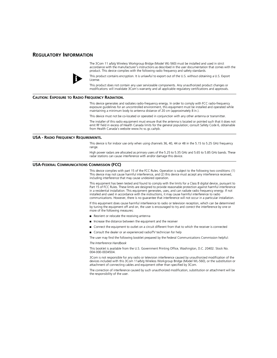 3Com WL-560 manual Regulatory Information 