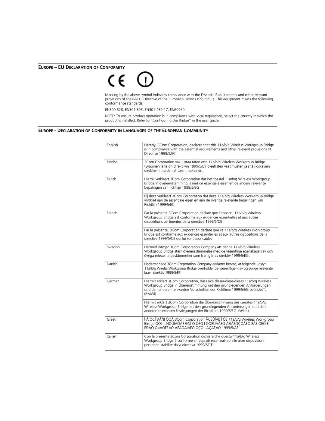 3Com WL-560 manual Europe EU Declaration of Conformity 