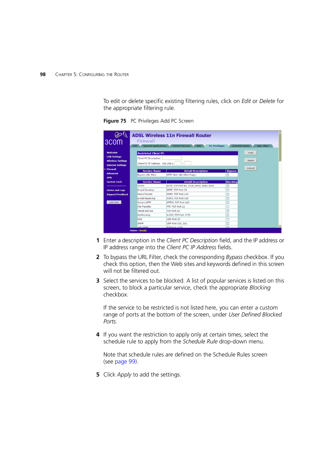 3Com WL-603 manual Click Apply to add the settings, PC Privileges Add PC Screen 