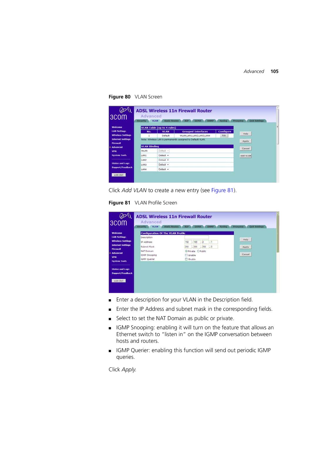 3Com WL-603 manual Click Add Vlan to create a new entry see Figure, Vlan Screen 