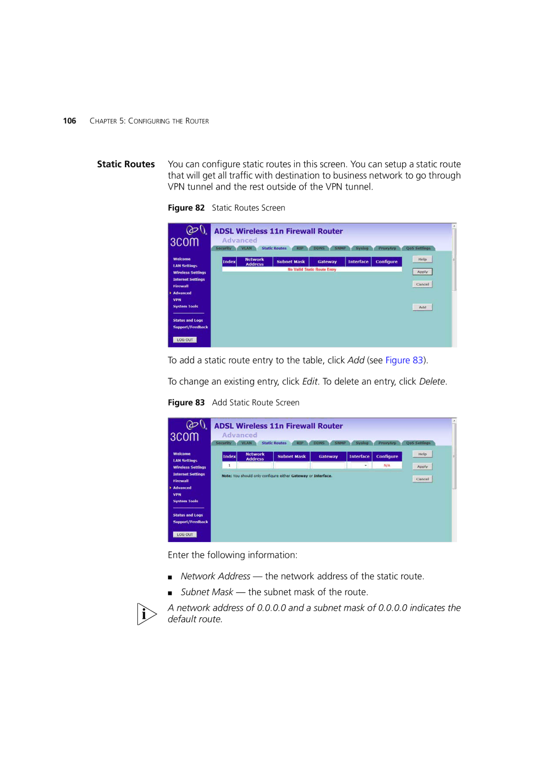 3Com WL-603 manual Static Routes Screen 