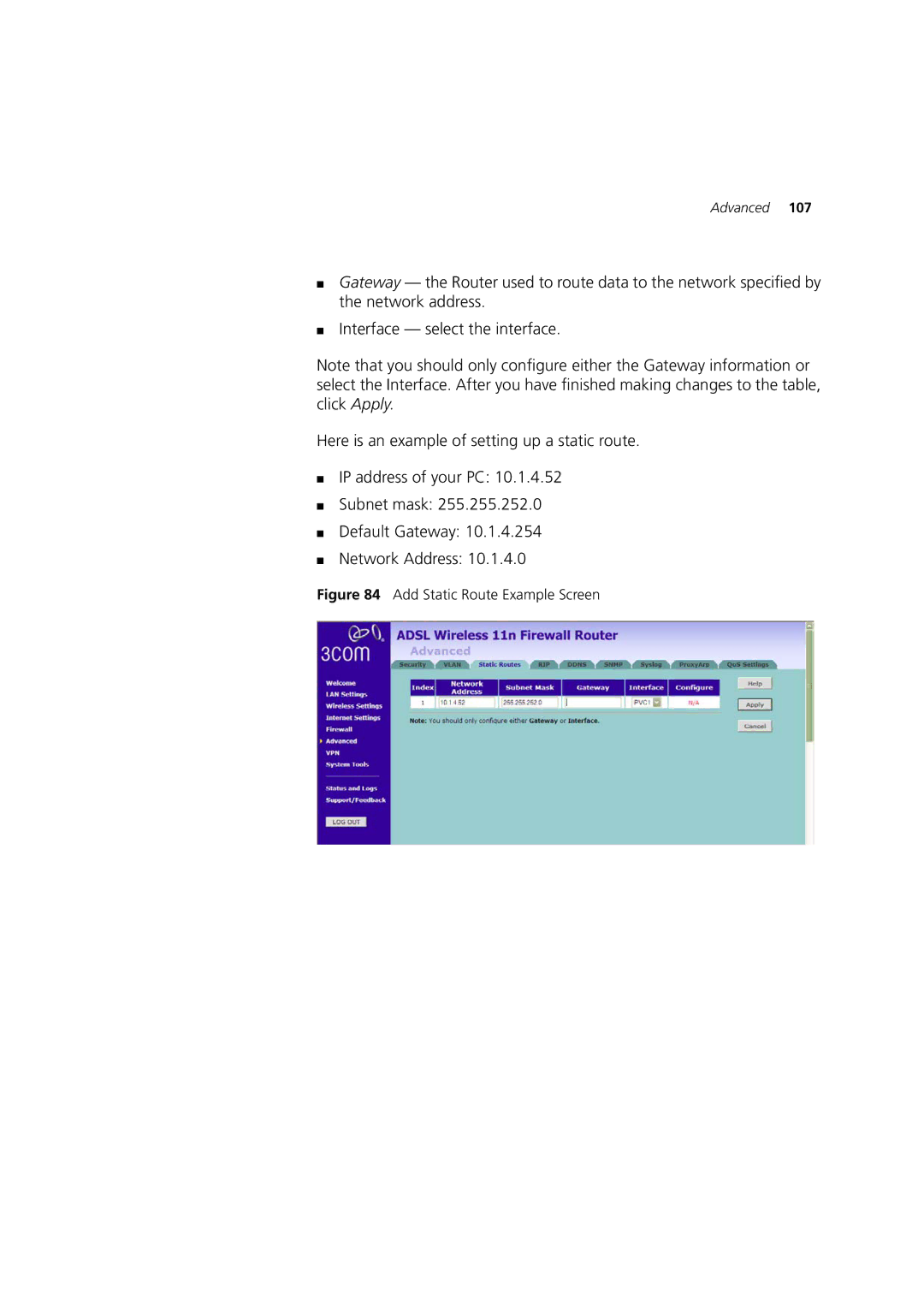 3Com WL-603 manual Add Static Route Example Screen 