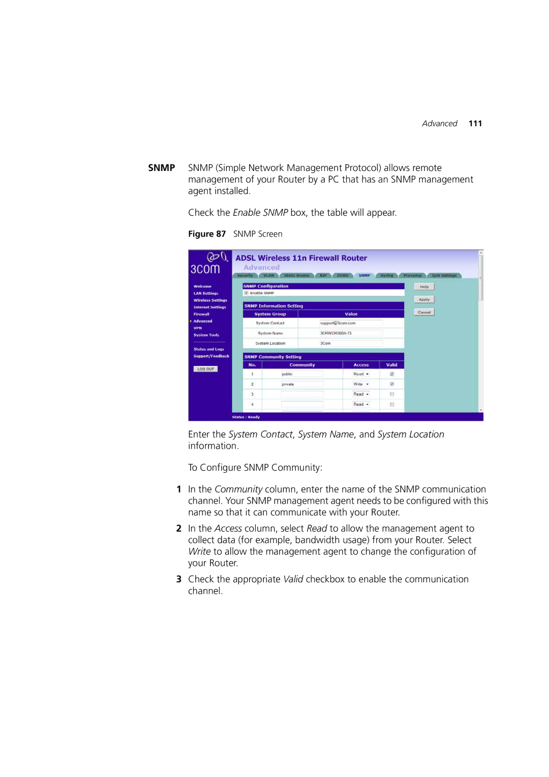 3Com WL-603 manual To Configure Snmp Community, Snmp Screen 