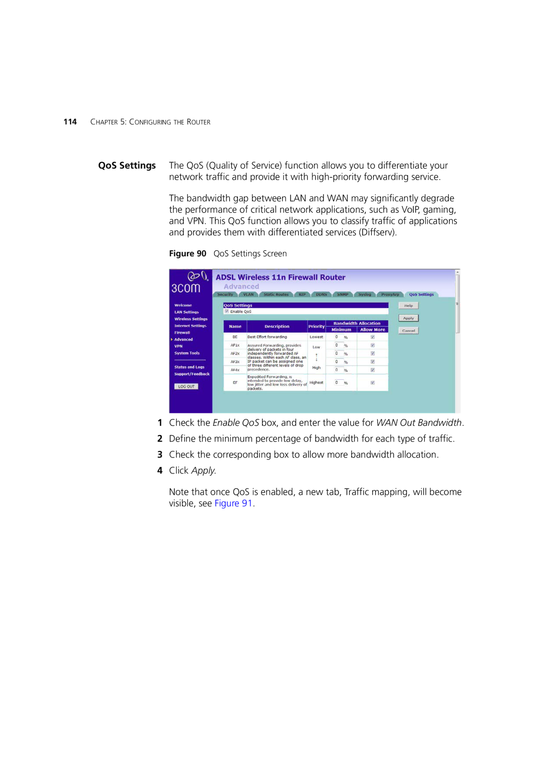 3Com WL-603 manual QoS Settings Screen 