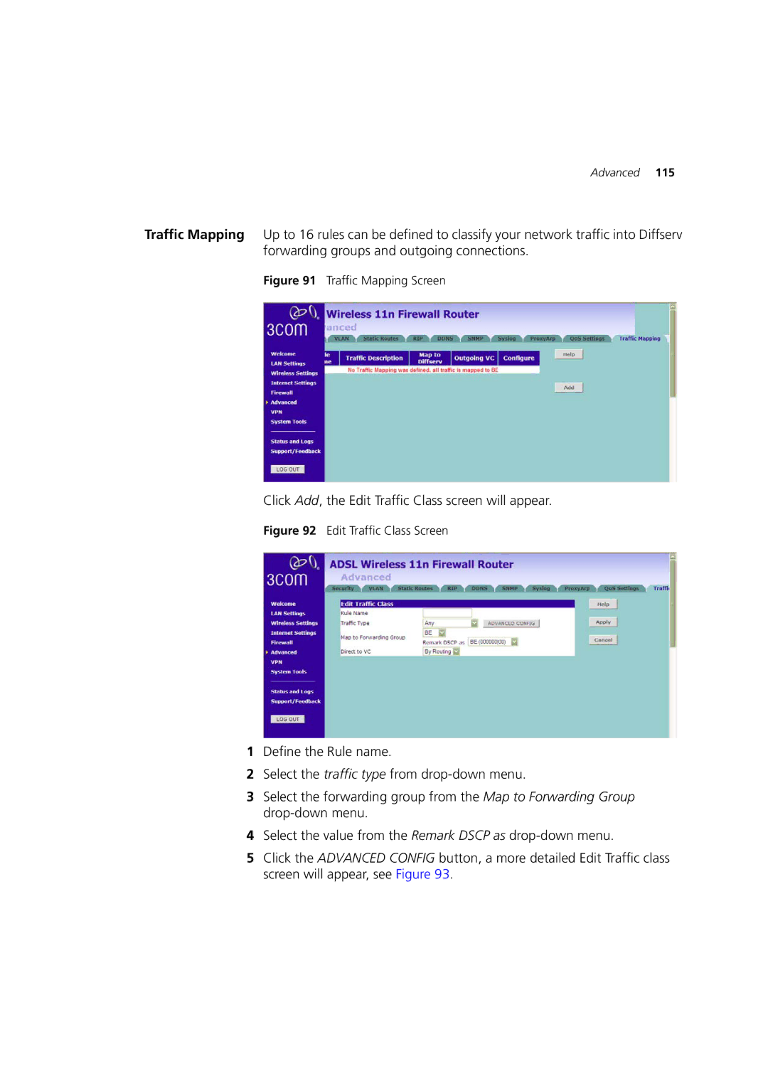 3Com WL-603 manual Click Add, the Edit Traffic Class screen will appear, Traffic Mapping Screen 