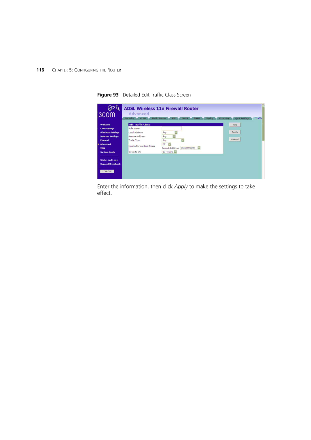 3Com WL-603 manual Detailed Edit Traffic Class Screen 