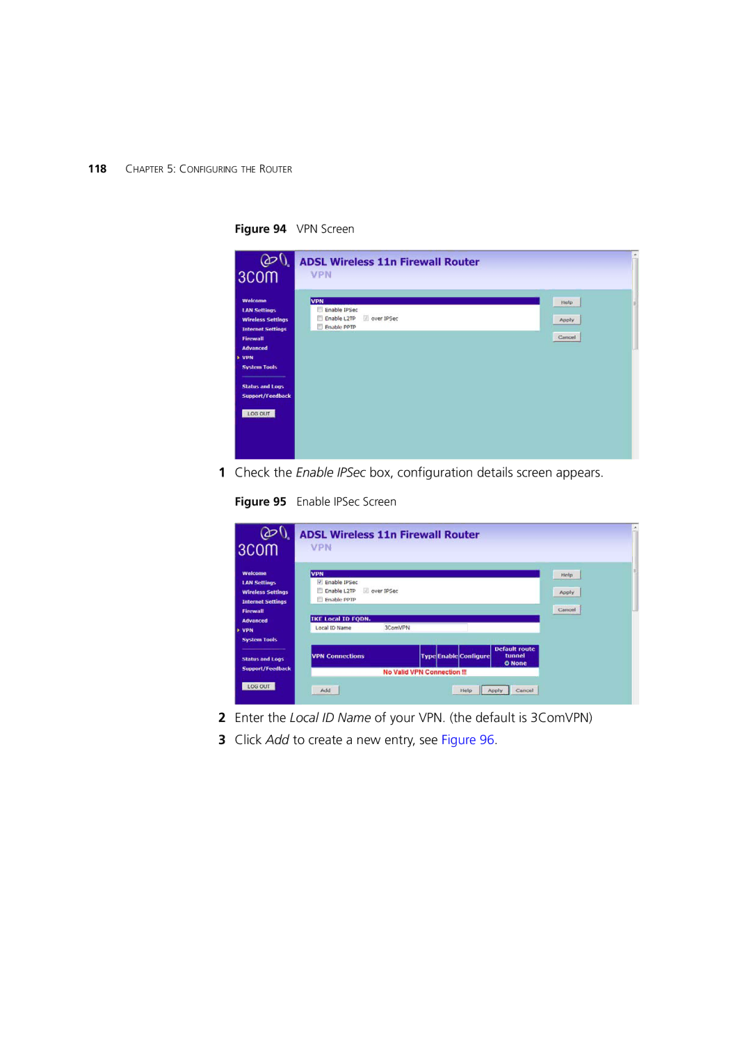 3Com WL-603 manual VPN Screen 