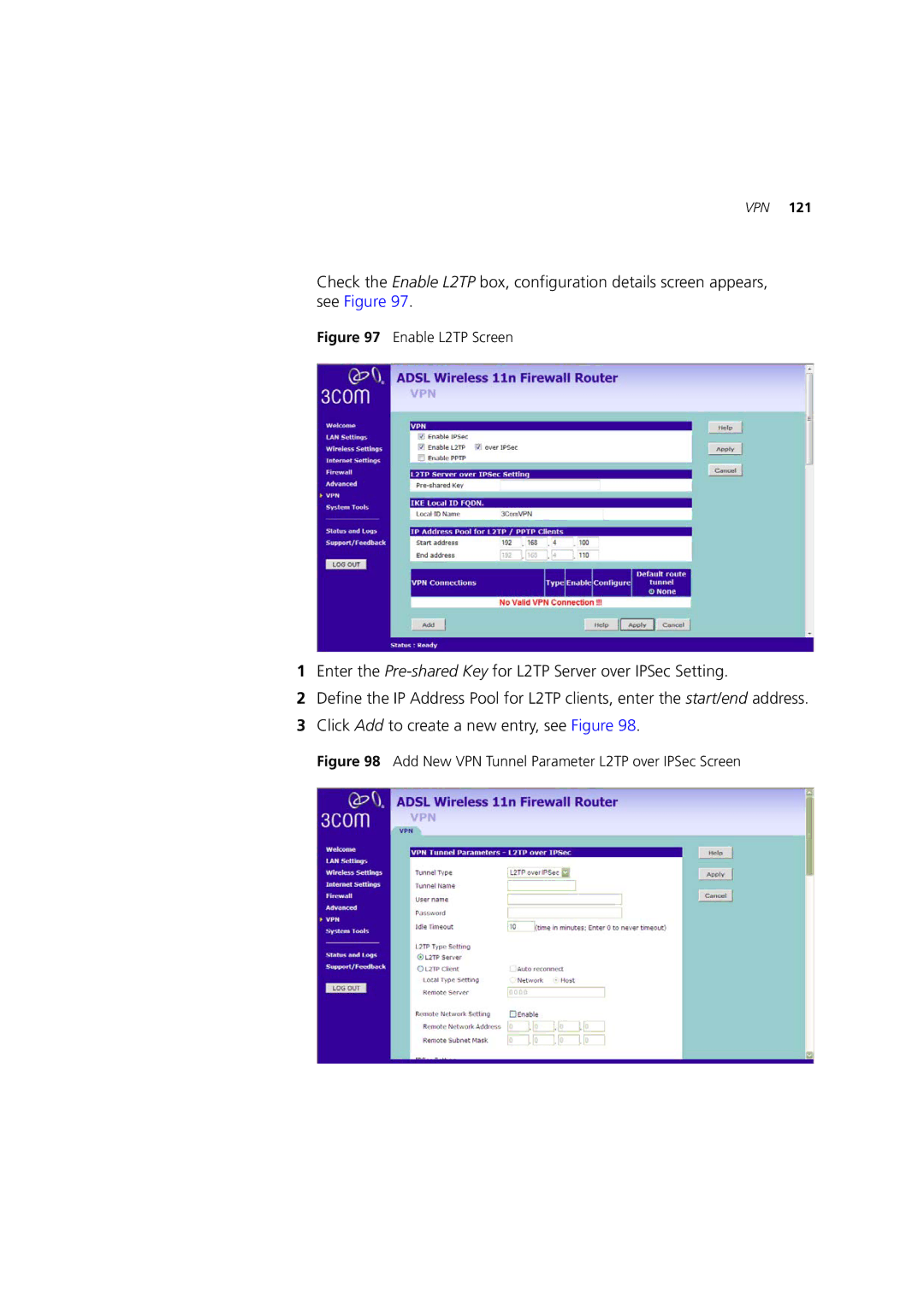 3Com WL-603 manual Enable L2TP Screen 