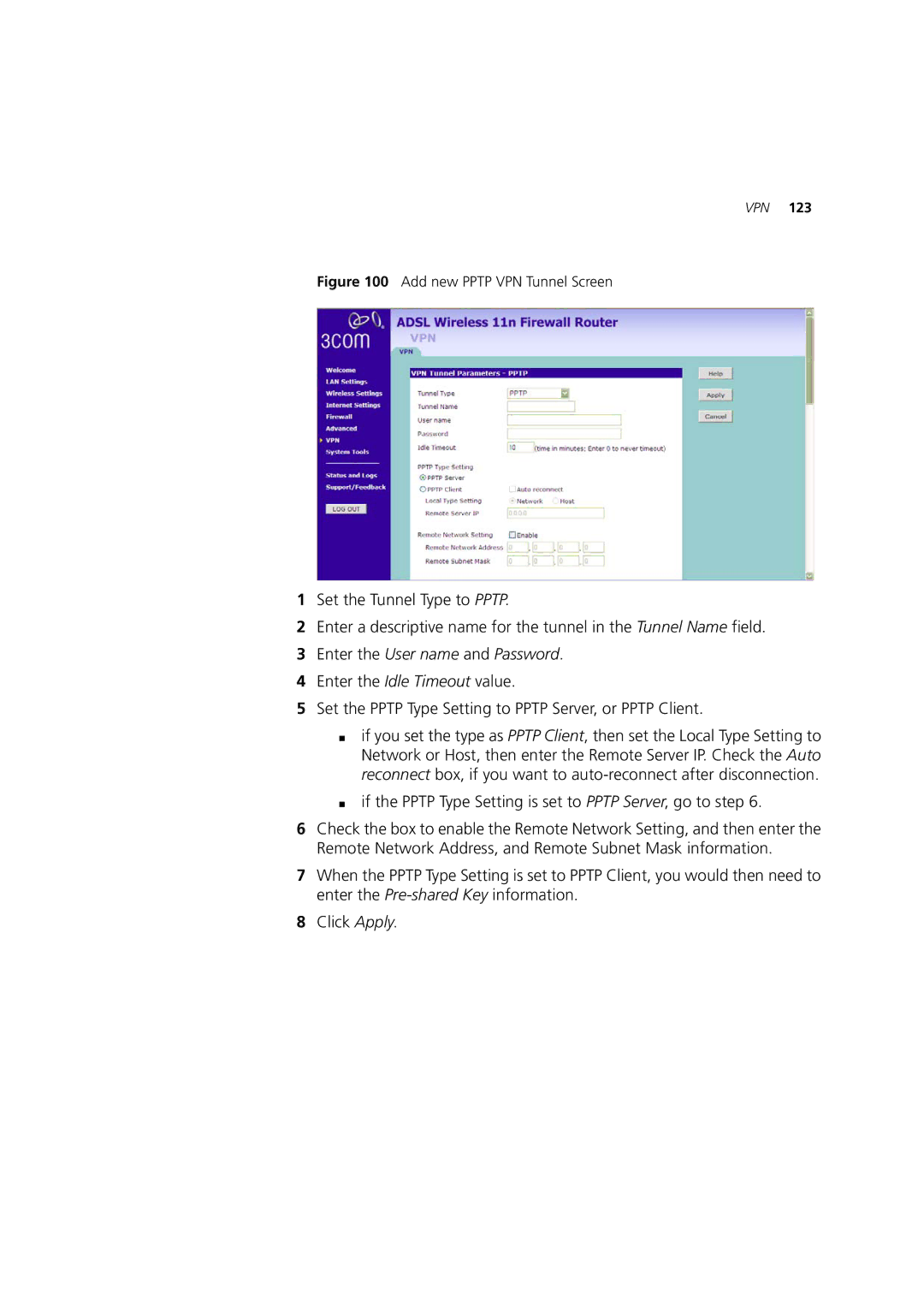 3Com WL-603 manual Add new Pptp VPN Tunnel Screen 