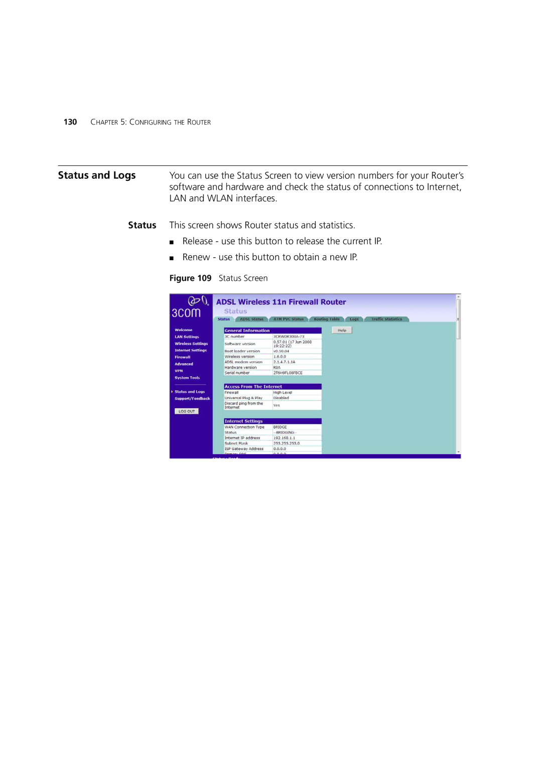 3Com WL-603 manual Status Screen 