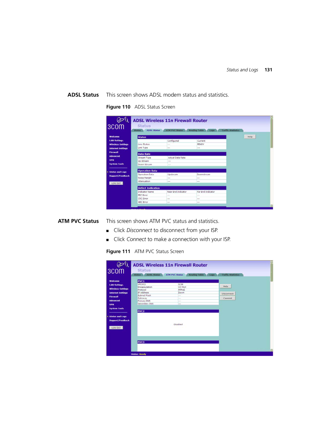 3Com WL-603 manual Adsl Status Screen 