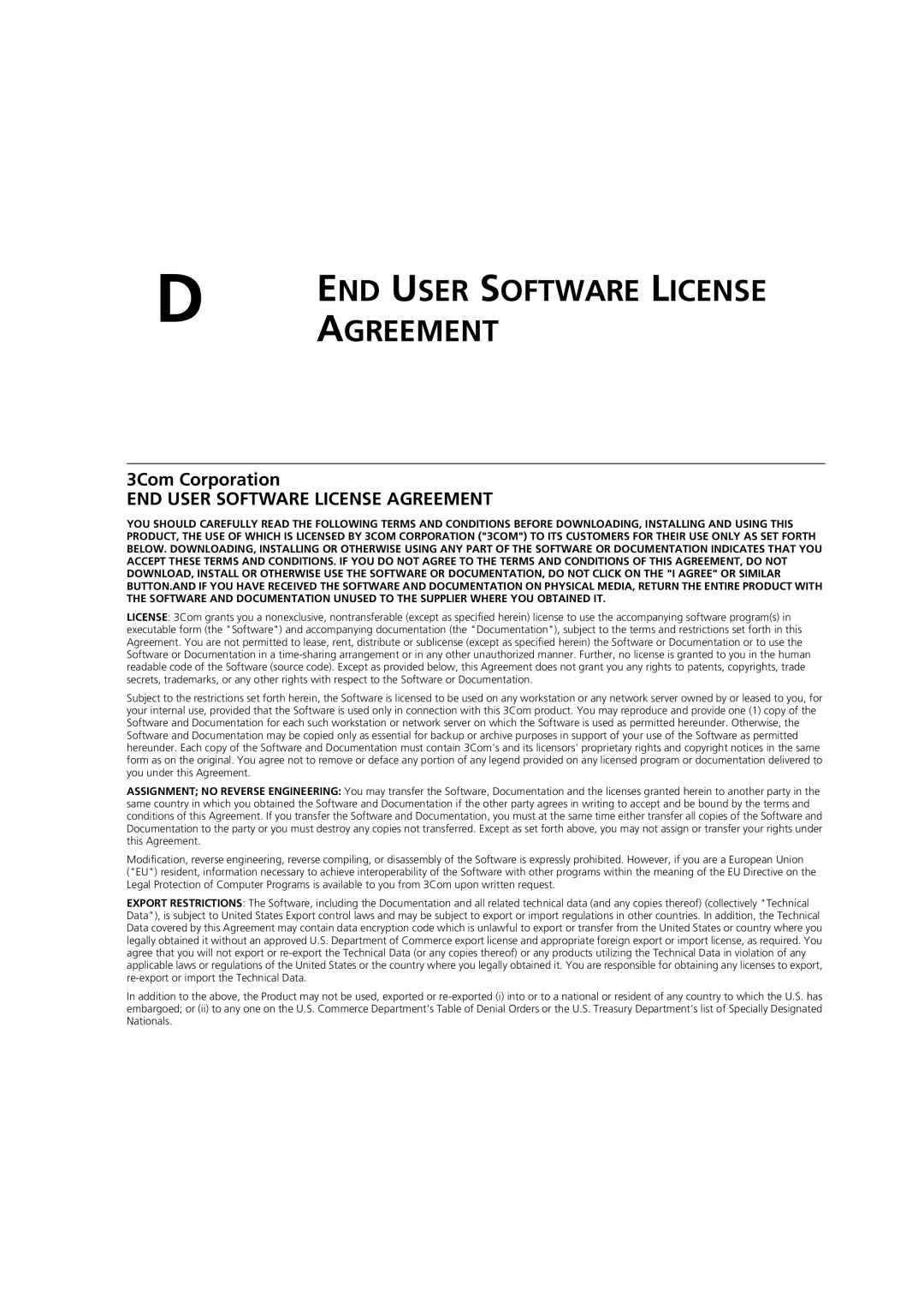 3Com WL-603 manual Agreement, 3Com Corporation 