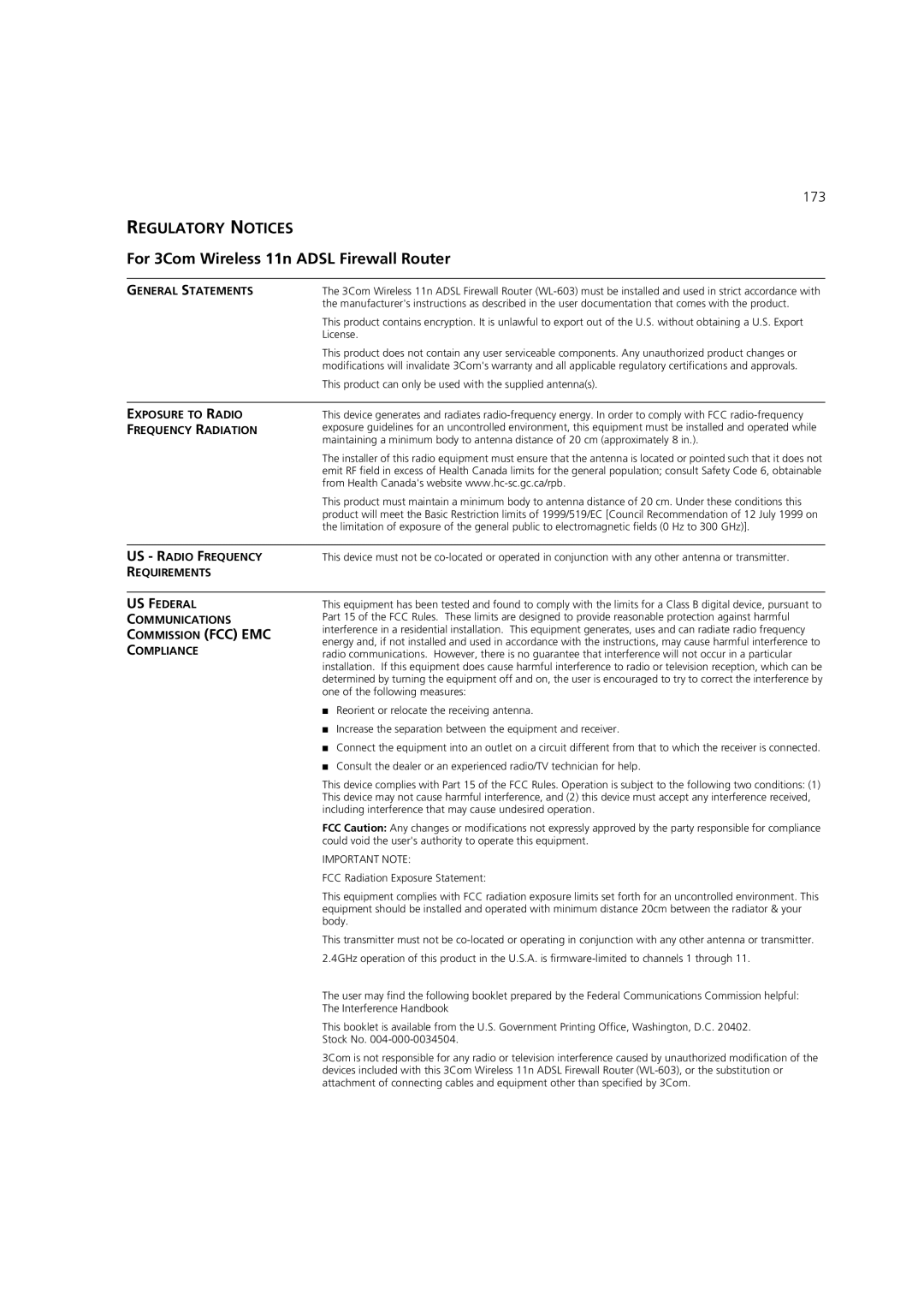 3Com WL-603 manual Regulatory Notices 