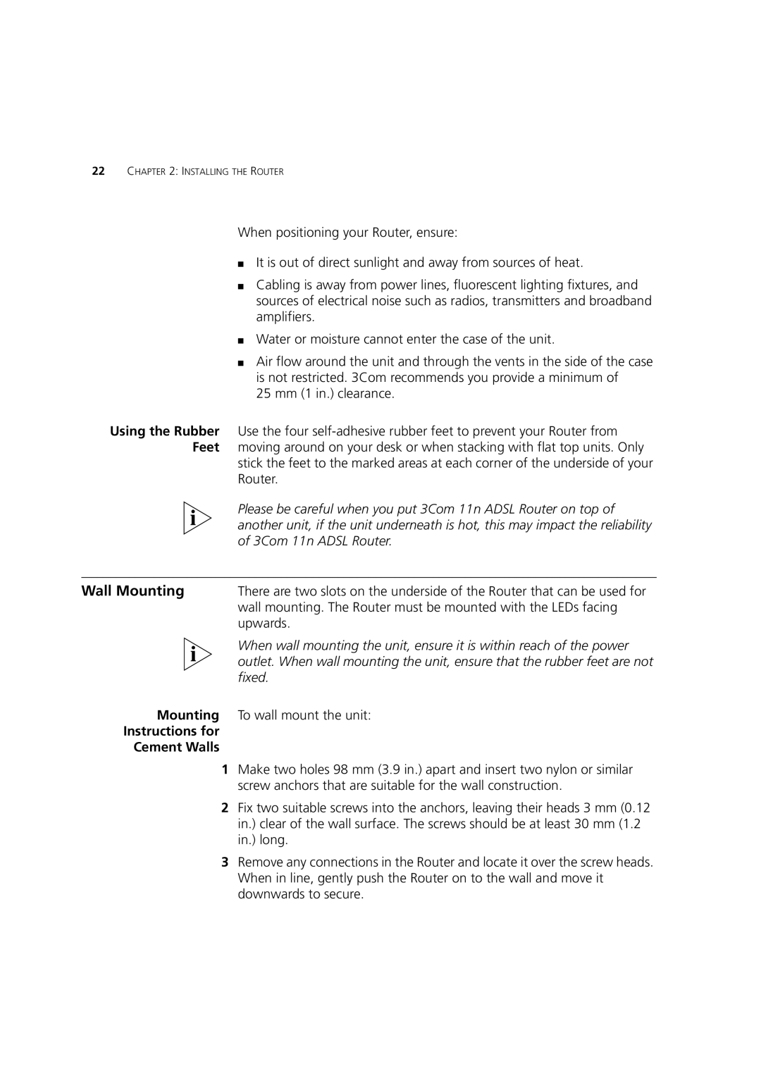 3Com WL-603 manual Wall Mounting, Using the Rubber, Feet, Instructions for Cement Walls 