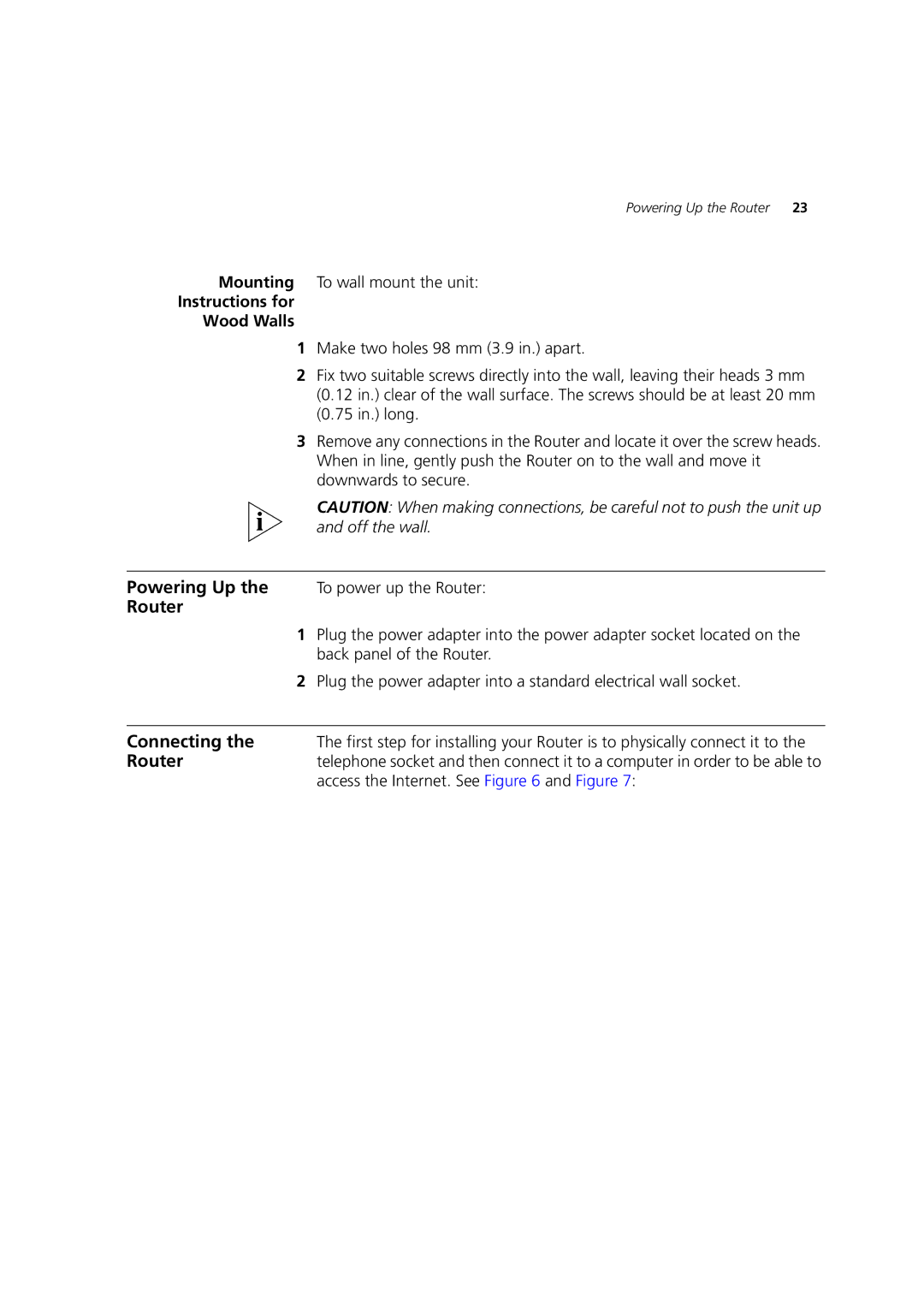 3Com WL-603 manual Powering Up, Router, Connecting, Instructions for Wood Walls 