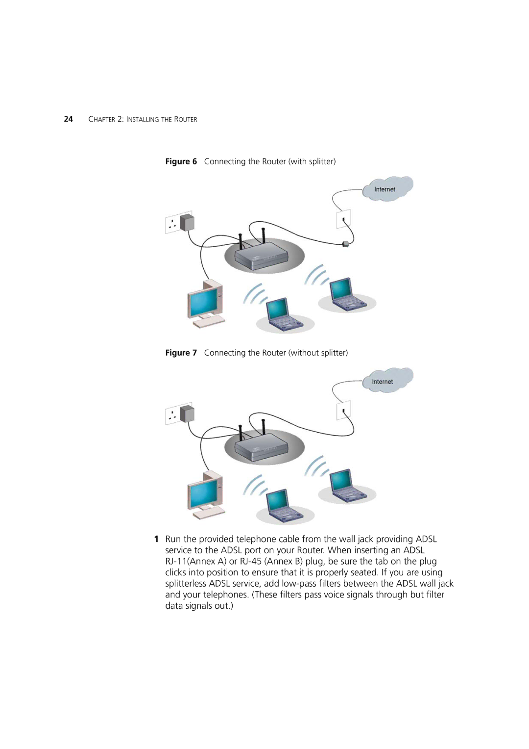 3Com WL-603 manual Connecting the Router with splitter 